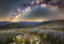 Een panoramisch uitzicht op een heldere Melkweg boven een tropisch berglandschap met bloeiende wilde bloemen en een zachte horizonverlichting.