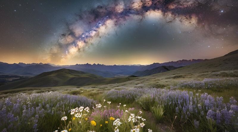 Een panoramisch uitzicht op een heldere Melkweg boven een tropisch berglandschap met bloeiende wilde bloemen en een zachte horizonverlichting.