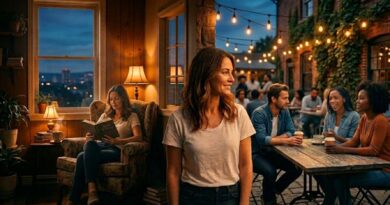 A split-scene image showing a woman reading a book in a cozy room and a group of friends socializing on a lit outdoor patio, representing the ambivert personality spectrum.
