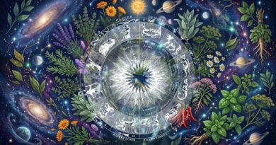 Een mystieke astrologische illustratie van een dierenriem omringd door diverse geboortekruiden zoals lavendel, rozemarijn en kamille tegen een kosmische achtergrond met sterren en planeten.