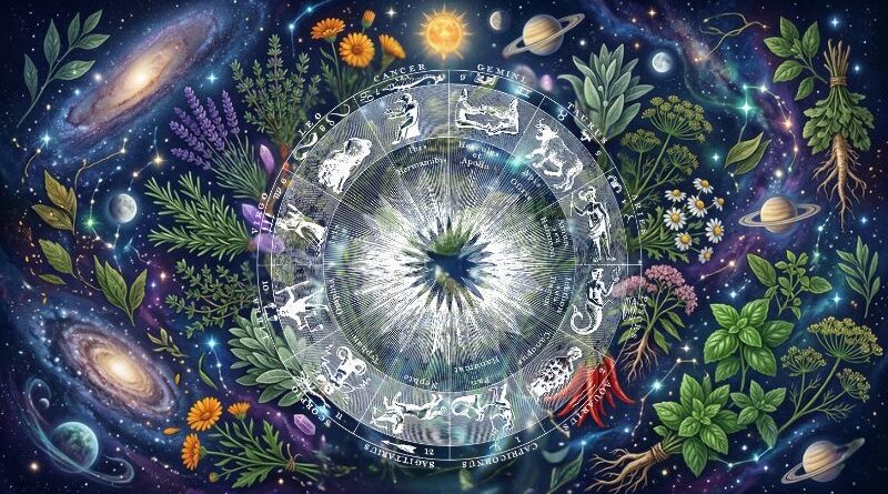 Een mystieke astrologische illustratie van een dierenriem omringd door diverse geboortekruiden zoals lavendel, rozemarijn en kamille tegen een kosmische achtergrond met sterren en planeten.