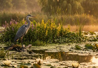 Een serene blauwe reiger staat op een stronk in een met waterlelies en bloeiende paarse en gele oeverplanten bedekte vijver tijdens het gouden uur.