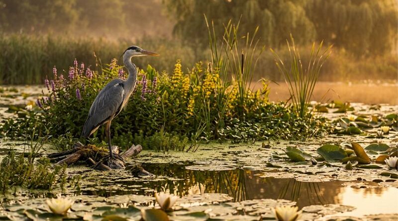 Een serene blauwe reiger staat op een stronk in een met waterlelies en bloeiende paarse en gele oeverplanten bedekte vijver tijdens het gouden uur.