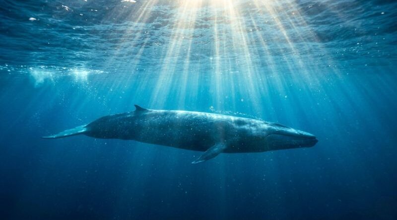 Een indrukwekkende blauwe vinvis zwemt rustig onder water in een diepblauwe oceaan, verlicht door mystieke zonnestralen die door het wateroppervlak breken.
