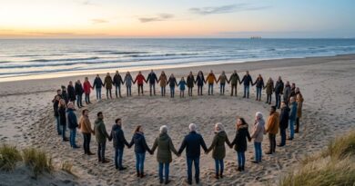 a diverse group of people holding hands in a large circle on a sandy beach during sunset, symbolizing unity and collective heart energy.