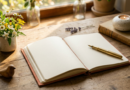 An open, blank journal with a gold pen on a sunlit wooden table next to a vase of wildflowers and a burning candle, symbolizing the start of a joy list.