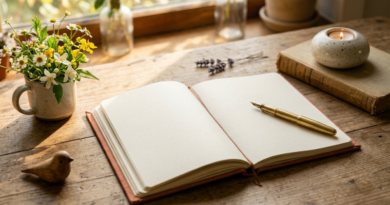 An open, blank journal with a gold pen on a sunlit wooden table next to a vase of wildflowers and a burning candle, symbolizing the start of a joy list.