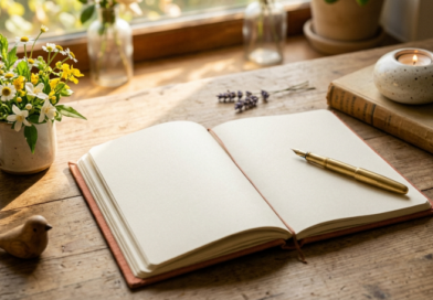 An open, blank journal with a gold pen on a sunlit wooden table next to a vase of wildflowers and a burning candle, symbolizing the start of a joy list.