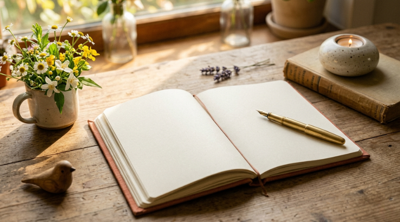 An open, blank journal with a gold pen on a sunlit wooden table next to a vase of wildflowers and a burning candle, symbolizing the start of a joy list.