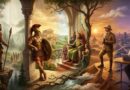 A panoramic digital painting illustrating the evolution of masculinity, featuring a prehistoric hunter, a Greek warrior, a medieval king with his family, a 20th-century explorer, and a modern professional in an office, symbolizing the various faces of the divine masculine.