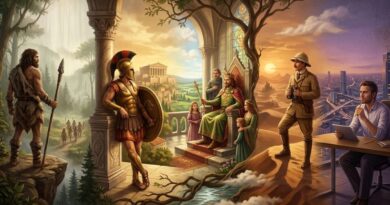 A panoramic digital painting illustrating the evolution of masculinity, featuring a prehistoric hunter, a Greek warrior, a medieval king with his family, a 20th-century explorer, and a modern professional in an office, symbolizing the various faces of the divine masculine.