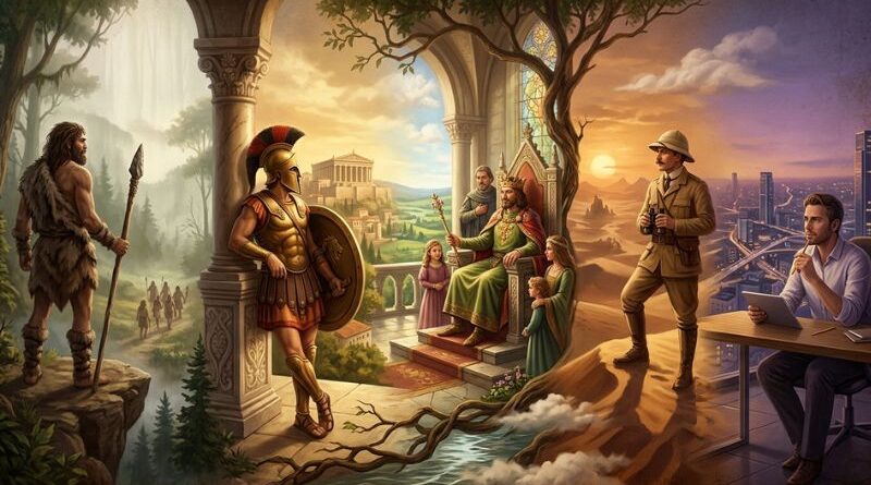 A panoramic digital painting illustrating the evolution of masculinity, featuring a prehistoric hunter, a Greek warrior, a medieval king with his family, a 20th-century explorer, and a modern professional in an office, symbolizing the various faces of the divine masculine.