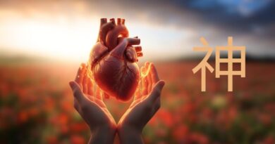Een gloeiend anatomisch model van een menselijk hart dat warmte uitstraalt, gedragen door twee handen boven een veld vol rode bloemen bij zonsondergang, inclusief het Chinese karakter voor Shen (神).