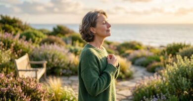 A serene mature woman standing in a lush garden by the ocean with her eyes closed, embodying peace of mind and the biological benefits of healthy social boundaries.
