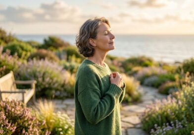 A serene mature woman standing in a lush garden by the ocean with her eyes closed, embodying peace of mind and the biological benefits of healthy social boundaries.