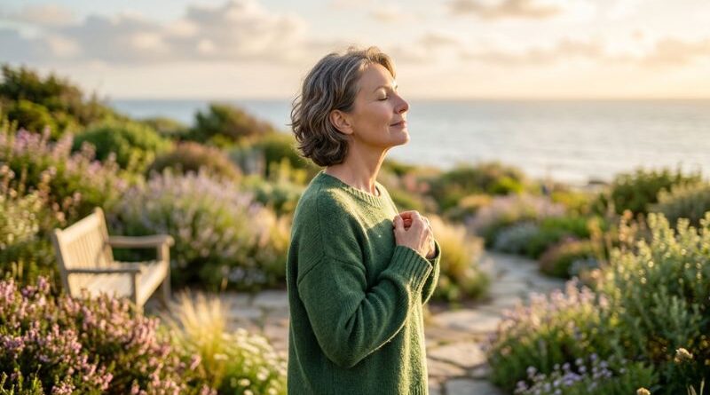 A serene mature woman standing in a lush garden by the ocean with her eyes closed, embodying peace of mind and the biological benefits of healthy social boundaries.