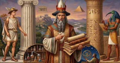 Illustratie van Hermes Trismegistus met de Griekse god Hermes en de Egyptische god Thoth, symboliserend de oorsprong van de Hermetica en alchemie.