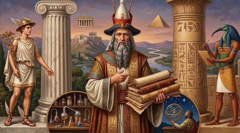 Illustratie van Hermes Trismegistus met de Griekse god Hermes en de Egyptische god Thoth, symboliserend de oorsprong van de Hermetica en alchemie.