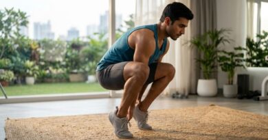 Een sportieve man voert een Hindu squat uit op een mat in een lichte woonkamer, waarbij hij op de ballen van zijn voeten balanceert en zijn hielen aanraakt.