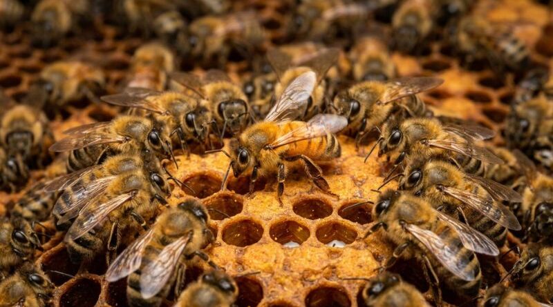 A close-up shot of a honey bee performing the waggle dance on a golden honeycomb, surrounded by an attentive audience of fellow hive bees touching her with their antennae.
