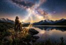 An indigenous man standing barefoot by a mountain lake at night, channeling glowing cosmic energy from the milky way galaxy into a golden grid on the earth, representing spiritual grounding in the third dimension.