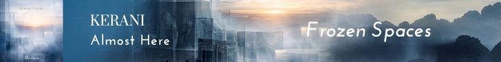 Banner voor de EP 'Almost Here' van componiste Kerani, met de gelijknamige track tegen een mystieke achtergrond van nevelige bergen en een opgaande zon die de schoonheid van de liminale ruimte symboliseert