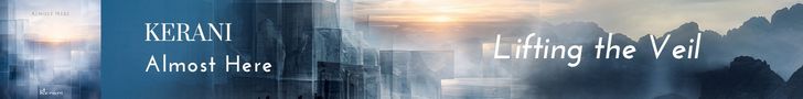 Banner voor de EP 'Almost Here' van componiste Kerani, met de gelijknamige track tegen een mystieke achtergrond van nevelige bergen en een opgaande zon die de schoonheid van de liminale ruimte symboliseert