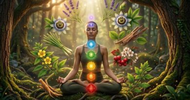 Een illustratie van een mediterende vrouw in een mystiek bos, omringd door helende kruiden zoals lavendel en passiebloem, met de zeven oplichtende chakra-energiecentra op haar lichaam.