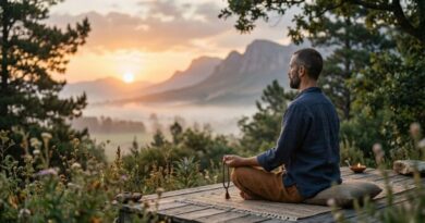 man-meditating-with-mala-beads-at-sunrise Alt Text: A man sitting in easy pose meditating on a wooden deck during a misty mountain sunrise, holding mala beads for mantra chanting.