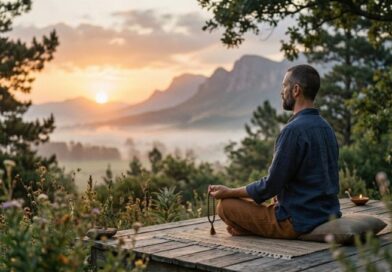 man-meditating-with-mala-beads-at-sunrise Alt Text: A man sitting in easy pose meditating on a wooden deck during a misty mountain sunrise, holding mala beads for mantra chanting.