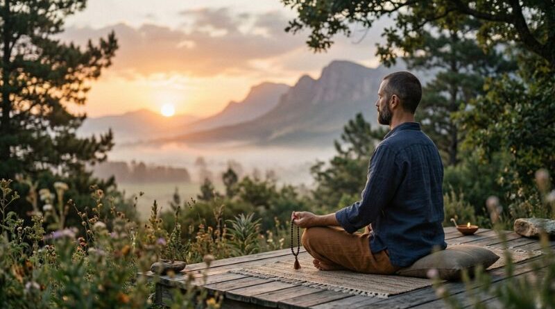 man-meditating-with-mala-beads-at-sunrise Alt Text: A man sitting in easy pose meditating on a wooden deck during a misty mountain sunrise, holding mala beads for mantra chanting.