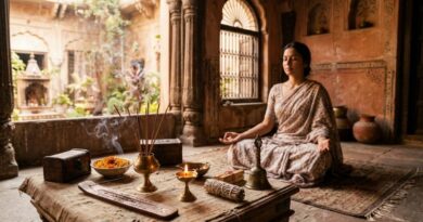 Serene Indian woman meditating in a warm-toned ancient haveli courtyard, surrounded by burning incense sticks, a lit diya, and spiritual offerings on a rustic wooden table. Global Heart spiritual wellness.