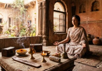 Serene Indian woman meditating in a warm-toned ancient haveli courtyard, surrounded by burning incense sticks, a lit diya, and spiritual offerings on a rustic wooden table. Global Heart spiritual wellness.