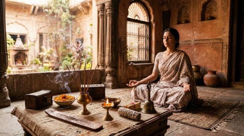 Serene Indian woman meditating in a warm-toned ancient haveli courtyard, surrounded by burning incense sticks, a lit diya, and spiritual offerings on a rustic wooden table. Global Heart spiritual wellness.
