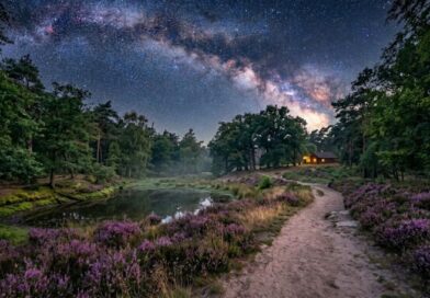 Sfeervolle nachtelijke landschapsfoto van een kronkelend zandpad door een bloeiend paars heideveld met een verlicht houten huisje onder de Melkweg