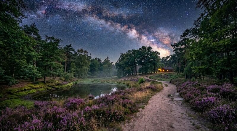 Sfeervolle nachtelijke landschapsfoto van een kronkelend zandpad door een bloeiend paars heideveld met een verlicht houten huisje onder de Melkweg