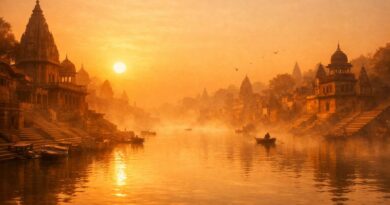 A mystical and atmospheric wide-angle view of ancient India at sunrise, featuring a calm river covered in golden morning mist, traditional temples, and steps leading down to the water, with a lonely rowboat drifting in the warm glowing light.