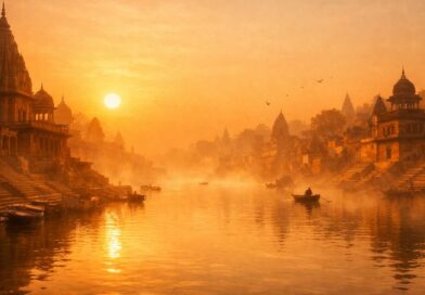 A mystical and atmospheric wide-angle view of ancient India at sunrise, featuring a calm river covered in golden morning mist, traditional temples, and steps leading down to the water, with a lonely rowboat drifting in the warm glowing light.