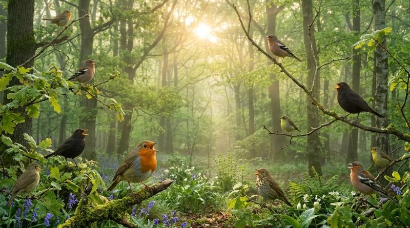 Verschillende vogelsoorten zoals roodborstjes en merels zingend in een mistig groen lentebos bij zonsopkomst.
