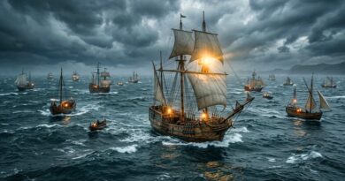 Een vloot van stevige, verlichte houten schepen die samen door een storm op een ruwe zee varen onder een donkere, bewolkte lucht.