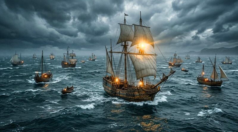 Een vloot van stevige, verlichte houten schepen die samen door een storm op een ruwe zee varen onder een donkere, bewolkte lucht.