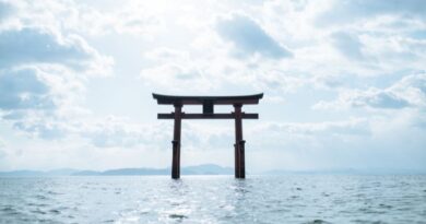 A traditional Japanese torii gate standing in the middle of a calm ocean under a bright, cloudy sky, representing spiritual presence and nonduality.