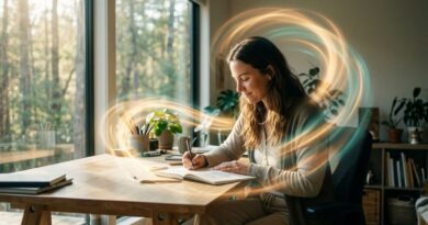 Een vrouw zit geconcentreerd aan een houten bureau te schrijven in een notitieblok, omringd door abstracte, oplichtende energiestromen die een mentale flow-staat, diepe focus en productiviteit symboliseren.