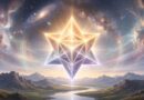Een stralende driedimensionale Merkaba ster van goud en zilver licht, zwevend boven een natuurlijk landschap met een kosmos vol sterren op de achtergrond.