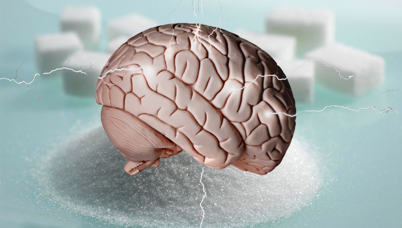 An anatomical model of a human brain sitting on top of a mound of white granulated sugar, surrounded by blurred sugar cubes and static electricity or lightning effects on a light blue background.
