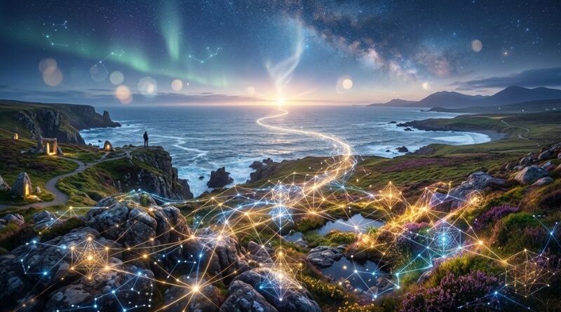 Een adembenemend kustlandschap in Ierland bij nacht, waar een eenzame figuur op een klif staat. De lucht toont het noorderlicht en de Melkweg. Op de voorgrond zijn rotsen verbonden door oplichtende, geometrische netwerken die wetenschappelijke structuren voorstellen en samensmelten met de spirituele en kosmische energie van het universum. Deze afbeelding symboliseert de verbinding tussen wetenschap en spiritualiteit.