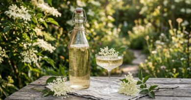 A bottle and a glass of sparkling homemade elderflower champagne on a rustic wooden table in a sunlit summer garden surrounded by white elderflowers.