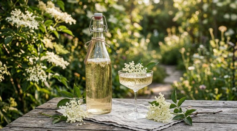 A bottle and a glass of sparkling homemade elderflower champagne on a rustic wooden table in a sunlit summer garden surrounded by white elderflowers.