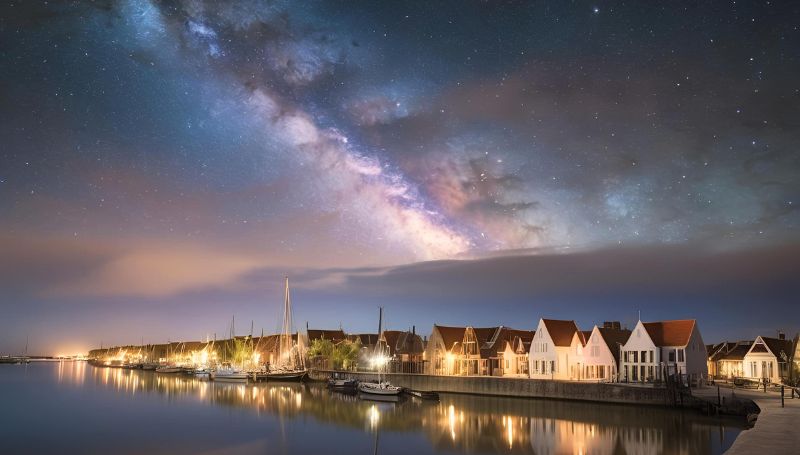 Een adembenemend nachtlandschap met de heldere Melkweg over een verlicht historisch vissersdorp en jachthaven bij rustig water.