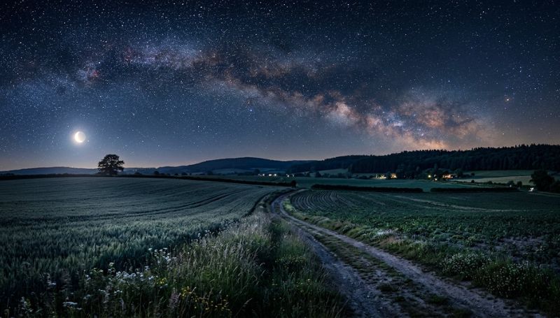 Een prachtig nachtelijk landschap van uitgestrekte velden onder een heldere, fonkelende sterrenhemel met de Melkweg.